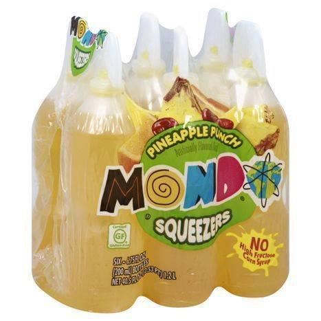 Mondo Squeezers, Pineapple Punch - 6 Each · Artificially flavored drink. Certified gluten-free. No high fructose corn syrup. Produce with genetic engineering. Contains 0% juice. Bottle not labeled for individual sale.