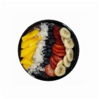 Amazonas Acai Bowl · Açaí Bowl with fresh fruits: mango, blueberry, banana, strawberry and coconut flakes.