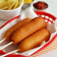Corn Dog · Battered and deep fried sausage on a stick. 