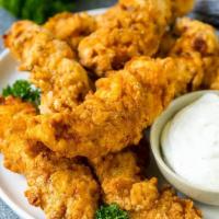 3 Chicken Strip · Served with either, BBQ, Buffalo, ranch or honey mustard.