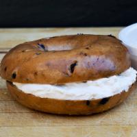 Bagel with Tofutti Spread · Boiled and baked round bread roll.