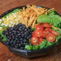 Tucson Salad · Lettuce, corn, Jack cheese, pepitas, tomatoes, tortilla strips, avocado, and your choice of ...