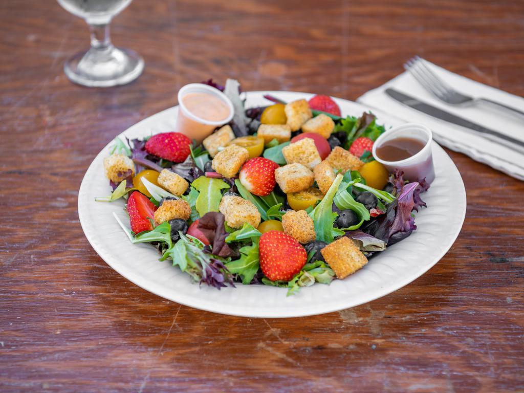 4. Chef's Garden Salad · Includes boil egg onions carrots tomatoes croutons 2 veggie spring rolls  ranch dressing or balsamic vinaigrette comes with a bottle of water.