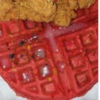 1. Beet Juice Waffle with Chickenless Tenders Meal · Served with a Buffalo ranch aioli sauce and a bottle of water.