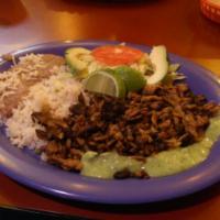 15. Carnitas Plate · Moist and crunchy flavored pork. Includes rice, beans, corn tortillas, avocado, tomato and l...