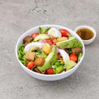 Cobb Acado Salad Lunch · Fresh romaine lettuce, sliced avocado, gorgonzola, hard-boiled egg, bacon, red onions, tomat...