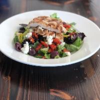 Tuscan Chicken Salad · Grilled chicken, goat cheese, Kalamata olives, sun-dried tomatoes and pepperoncini peppers o...