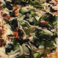 Veggie Pizza · Broccoli, spinach, mushrooms, peppers and onions.