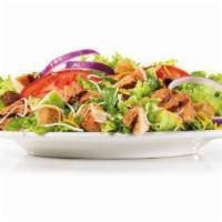 Charbroiled Chicken Salad · Charbroiled chicken breast, red onion, tomato, 4-cheese blend, and croutons on a bed of Iceb...