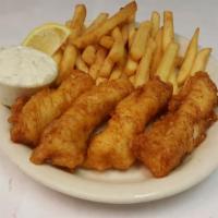 Fish and Chips · Choice cod fillets, hand battered and golden fried.