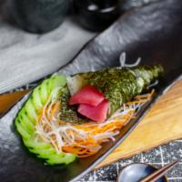 Tuna Hand Roll  · Temaki. Stuffed cone-shaped seaweed.
