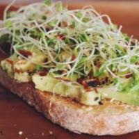 Horizon Toast · Rustic Italian or gluten-free bread topped with avocado, sprouts, red pepper flakes, everyth...