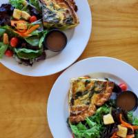 Veggie Delight Quiche · Spinach, artichoke, mushroom, and cheddar cheese baked in a crispy custard. Served with our ...
