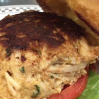 All Jumbo Lump Crab Cake Sammich · Mr. Grump's recipe! Served on a butter grilled brioche roll with lettuce, tomato and bistro ...