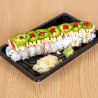 Spicy Tuna California Roll · California with spicy tuna, green onion, jalapeno, eel sauce, and spicy mayo on top.