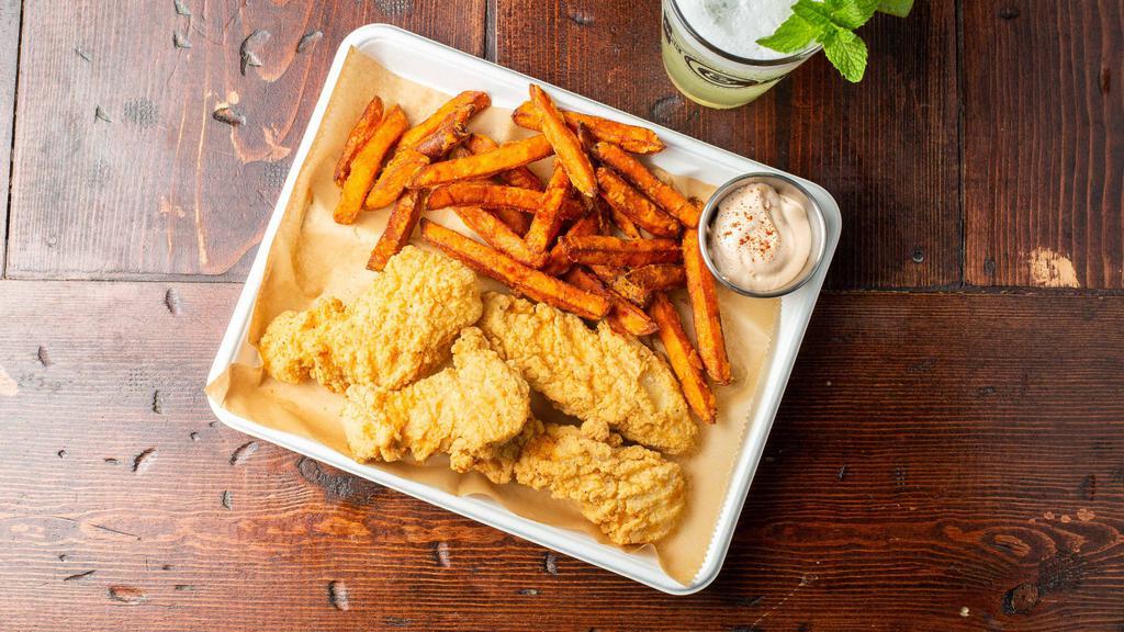 Chicken Tender Combo · 4 large, white chicken meat tenders choice of: housemade ranch, honey mustard, buffalo and BBQ. Comes with a drink and a side.