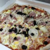 Portuguesa Pizza · Ham, hard eggs, cheese, tomato sauce, olives and onions.
