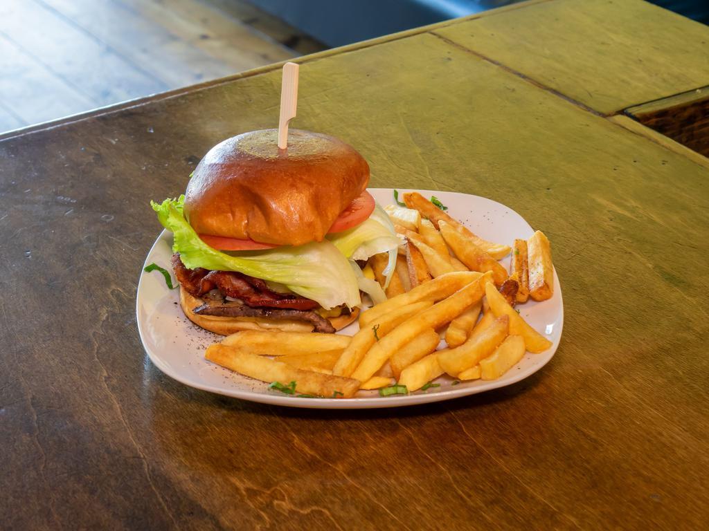 Picanha Burger · 8 oz. of picanha burger, american cheese, lettuce, tomatoes, onions, pickles and mayo. Served with french fries or fried yuca.