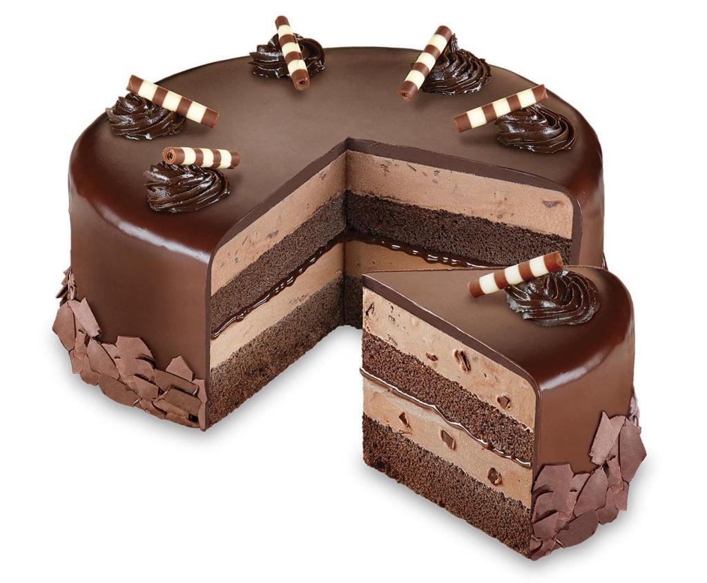 Midnight Delight Cake · layers of moist Devil's food cake, fudge and chocolate chip ice cream with chocolate savings wrapped in a rich fudge Ganache
