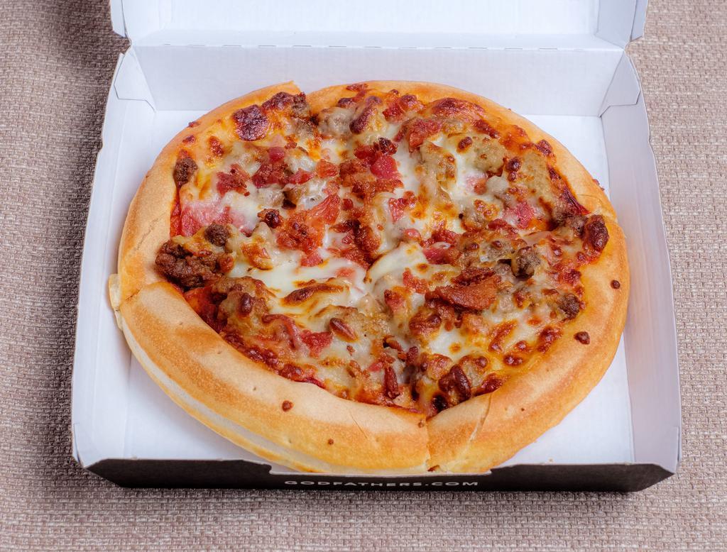 All Meat Combo Pie · Pepperoni, ham, beef, sausage, Italian sausage, bacon bits and mozzarella cheese.