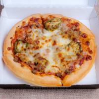 Hot Stuff Pie · Pepperoni, beef, Italian sausage, onions, jalapeno peppers and mozzarella cheese.