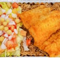 Fish over Rice Platter · 2 pieces of fried Swai Fillet fish served on rice plate with toppings and sauces.