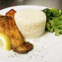 Salmon · Pan-seared honey glazed salmon rice and steamed broccoli.