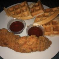 Chicken and Waffles · 2 chicken strips and a large waffle.