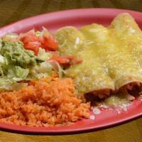 Enchiladas Verdes · 3 rolled corn tortillas with shredded beef, topped with green sauce. Served with guacamole s...