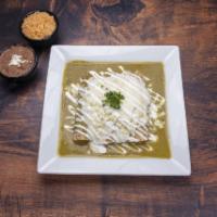 Enchiladas Verdes · 3 corn tortillas filled with shredded chicken, topping with tomatillo sauce gratin with ched...