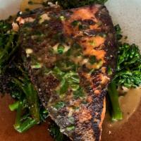 Branzino · seared Mediterranean Sea bass. limoncello reduction. roasted garlic broccolini