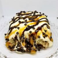 Chocolate Caramel · Rolls topped with Butter Cream, Chocolate Sauce, Caramel Sauce and Chocolate Chips