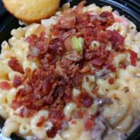 Bacon Cheese Burger Mac · White Cheddar Cheese, American Cheese, Ground Beef, Bacon, Tomatoes, Onions and Pickles.Seve...