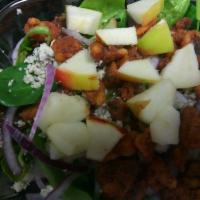 Apple Walnut Salad · Ingredients; Spinach *Apple *Red Onions *Walnuts *Blue Cheese Crumble.
