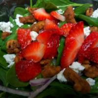 Strawberry Spinach Salad · Ingredients; Spinach *Strawberries *Red Onions *Walnuts *Goat Cheese
