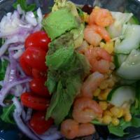 Shrimp Avocado  Salad · Ingredients; Romaine *Corn *Avocado *Shrimp *Cucumber *Red Onion * Grape Tomatoes