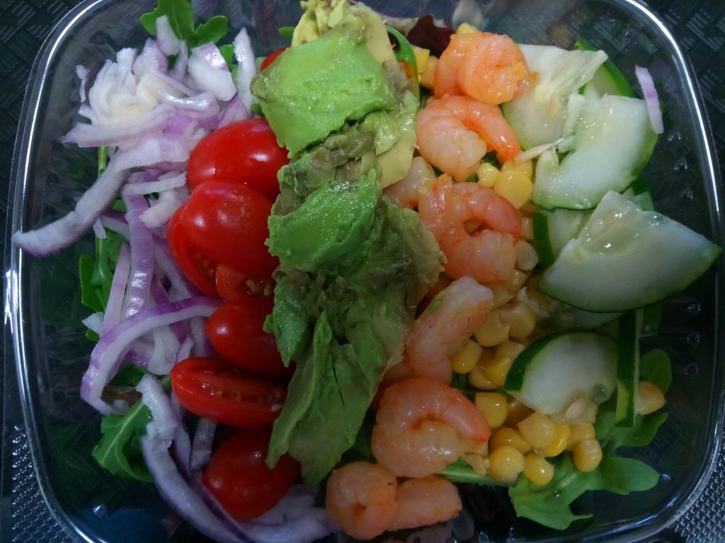 Shrimp Avocado  Salad · Ingredients; Romaine *Corn *Avocado *Shrimp *Cucumber *Red Onion * Grape Tomatoes