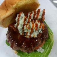 BBQ Blue Burger · Served on Sandwich Roll,  Mayo, Lettuce, Tomatoes,Red Onion, Pickles, Bacon, Blue cheese Cru...