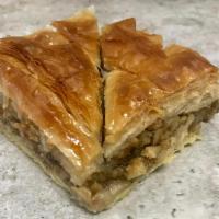 Baklava · Rich and sweet dessert freshly made in house containing: dough, syrup, walnuts, honey, carda...