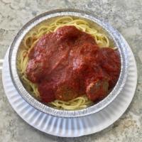 Spaghetti and Meatball · Served with garlic bread and Parmesan cheese.