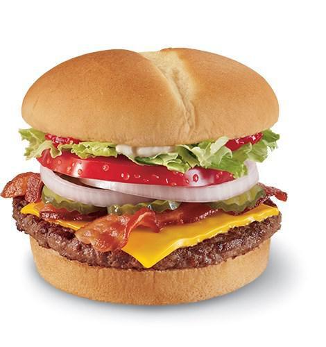 ¼ lb. Bacon Cheese GrillBurger™ · One ¼ lb. 100% beef burger topped with melted cheese, thick-cut applewood smoked bacon, thick-cut tomato, crisp chopped lettuce, pickles, onions, ketchup, and mayonnaise served on a warm toasted bun.