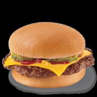 Cheeseburger · One 100% beef patty topped with melted cheese, pickles, ketchup, and mustard served on a war...