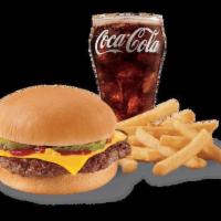 Cheeseburger Combo · Served with choice of side and beverage. One 100% beef patty topped with melted cheese, pick...