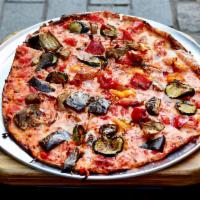 Grilled Veggie Pizza · Grilled eggplant, peppers, zucchini, and roasted garlic over San Marzano tomatoes and mozzar...