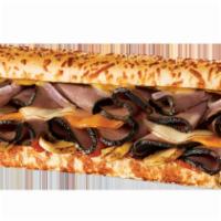 Black Angus Steakhouse Sub · Black Angus steak, provolone, cheddar, sauteed mushrooms, and onions, zesty grille sauce on ...