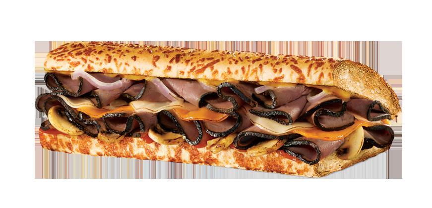 Black Angus Steakhouse Sub · Black Angus steak, provolone, cheddar, sauteed mushrooms, and onions, zesty grille sauce on rosemary Parmesan bread.