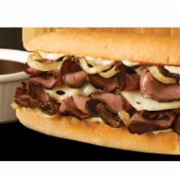 French Dip Sub Combo · Black Angus steak, Swiss, sauteed onions, creamy horseradish and side of au jus. Served with...