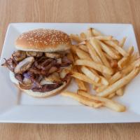 Nueva Italy Burger · 6 oz. patty with broiled mushrooms, broiled red onions and mozzarella cheese. 