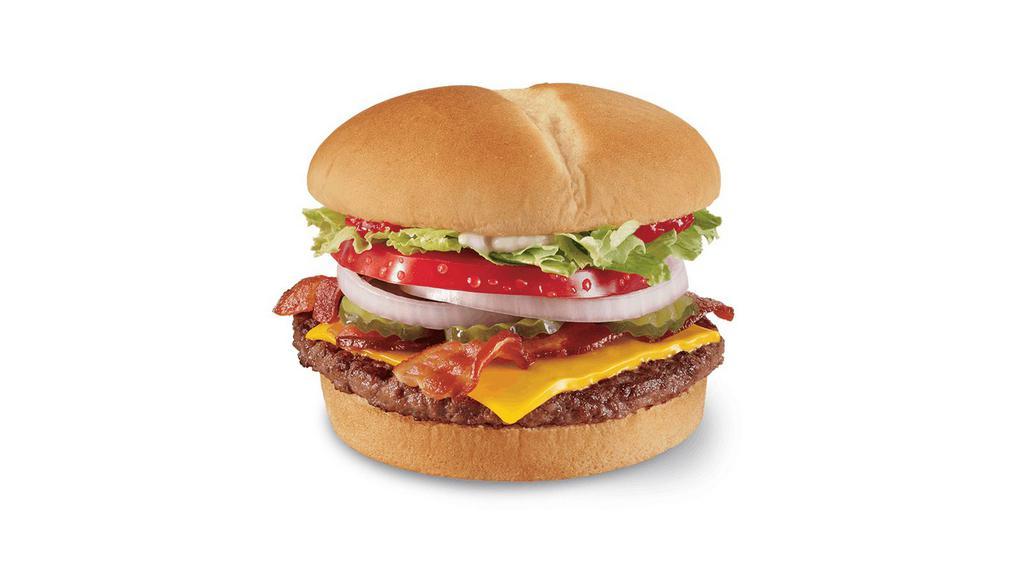 1. Quart lb. Bacon Cheese GrillBurger · 1/4 lb. grilled beef patty topped with ketchup, mayonnaise, crisp lettuce, ripe tomatoes, onions and pickles.