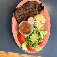Grilled Steak · Carne asada. Marinated steak, grilled with tomato, onion and green pepper. Served a choice o...